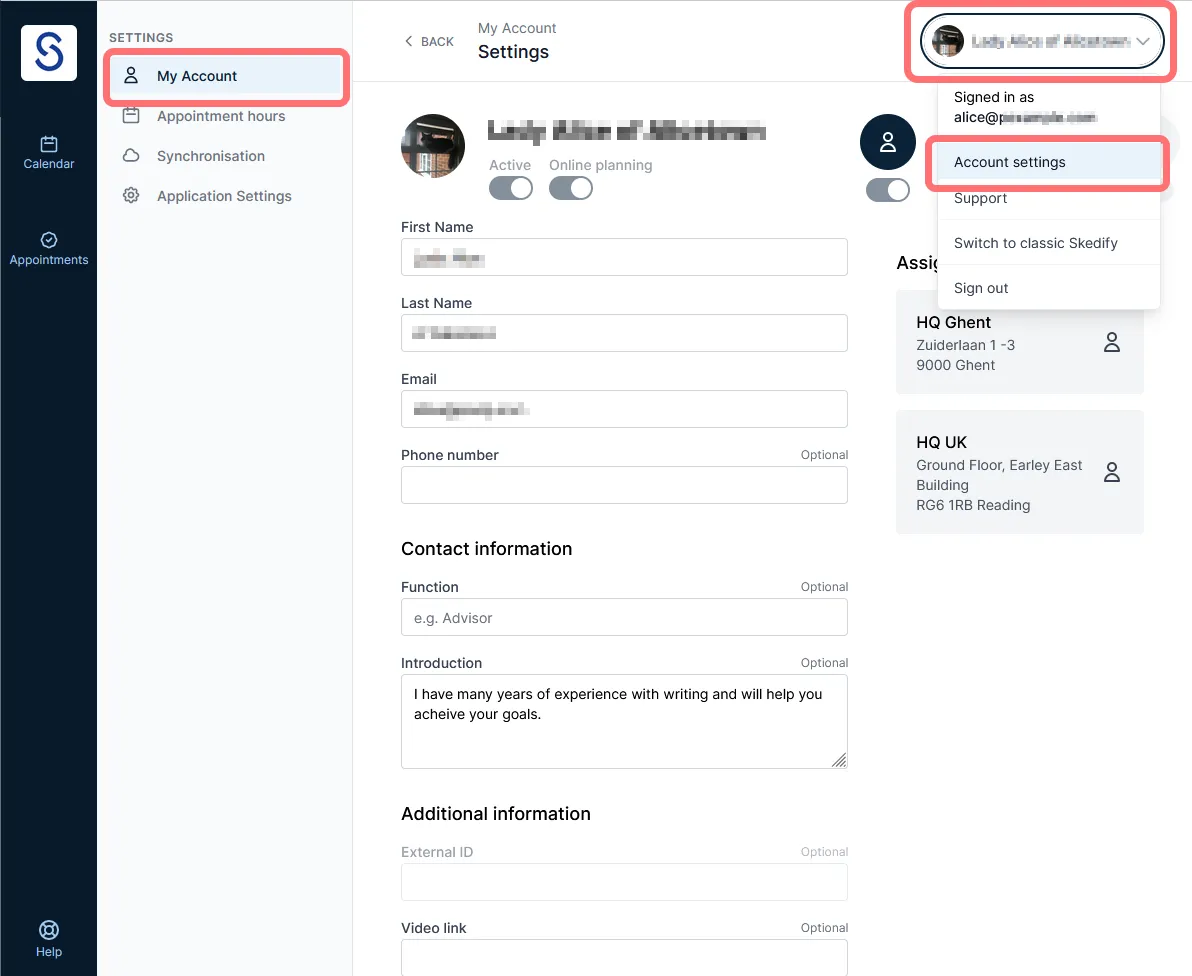 Account settings page