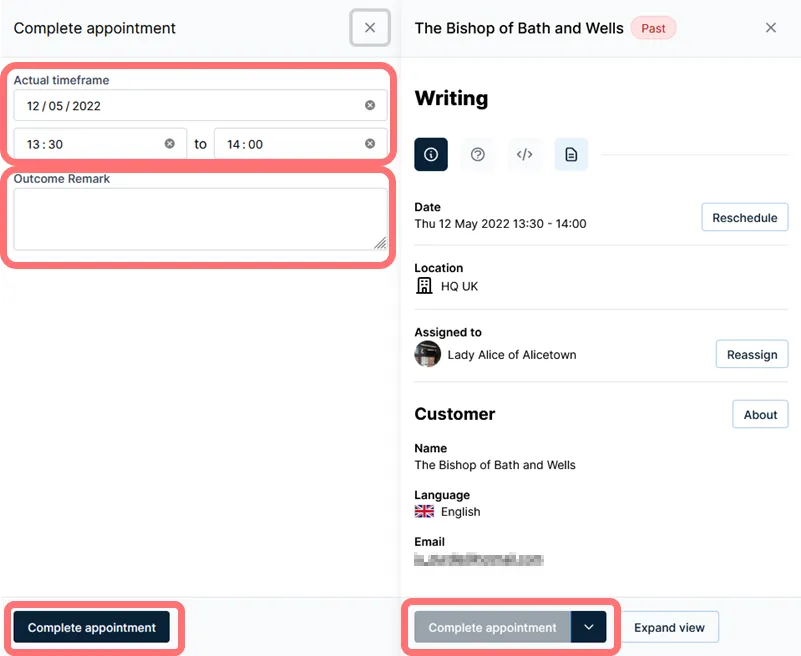 Complete appointment dialog