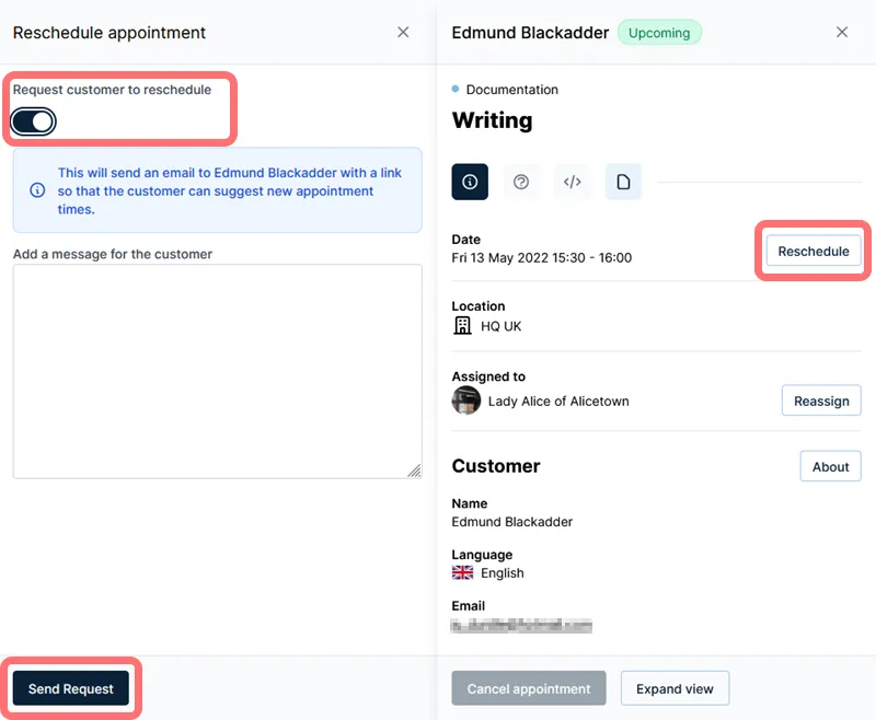 Customer reschedule dialog
