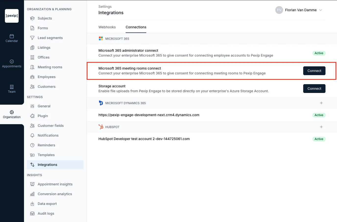 Knop Verbinden voor Microsoft 365-vergaderruimtes in de Pexip Engage-backoffice