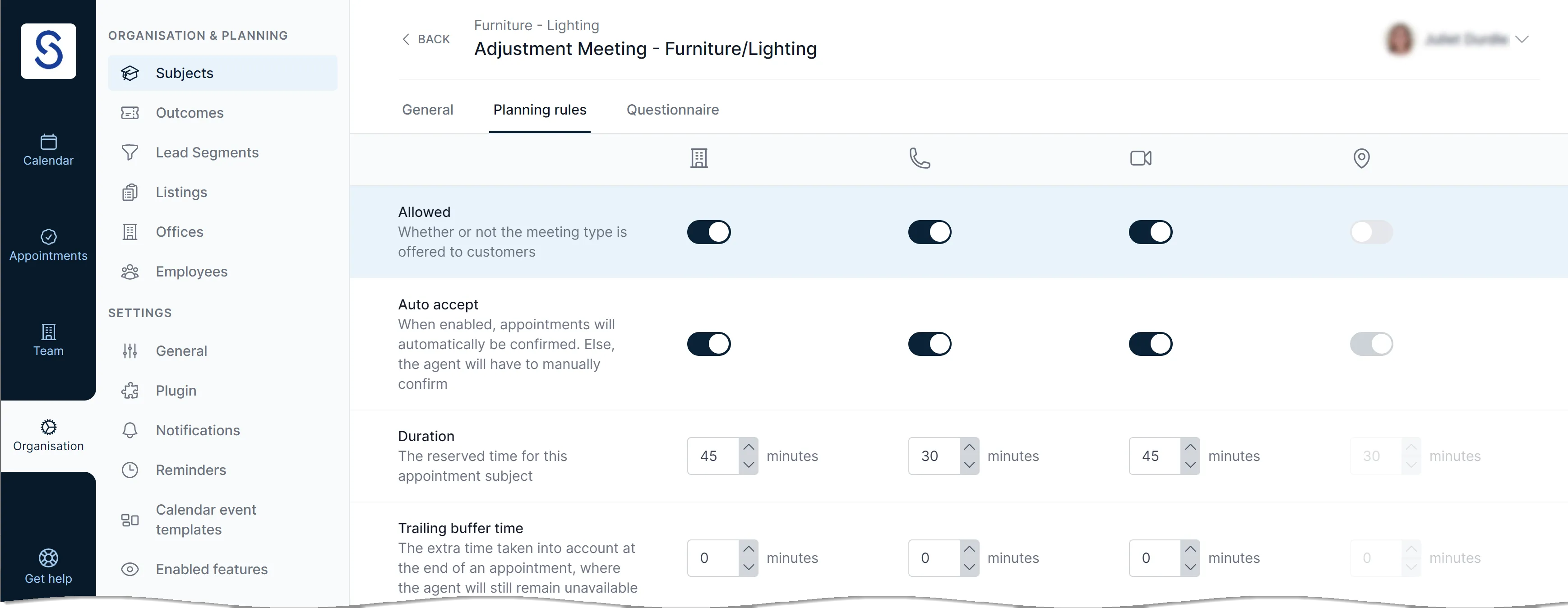 Subject planning rules