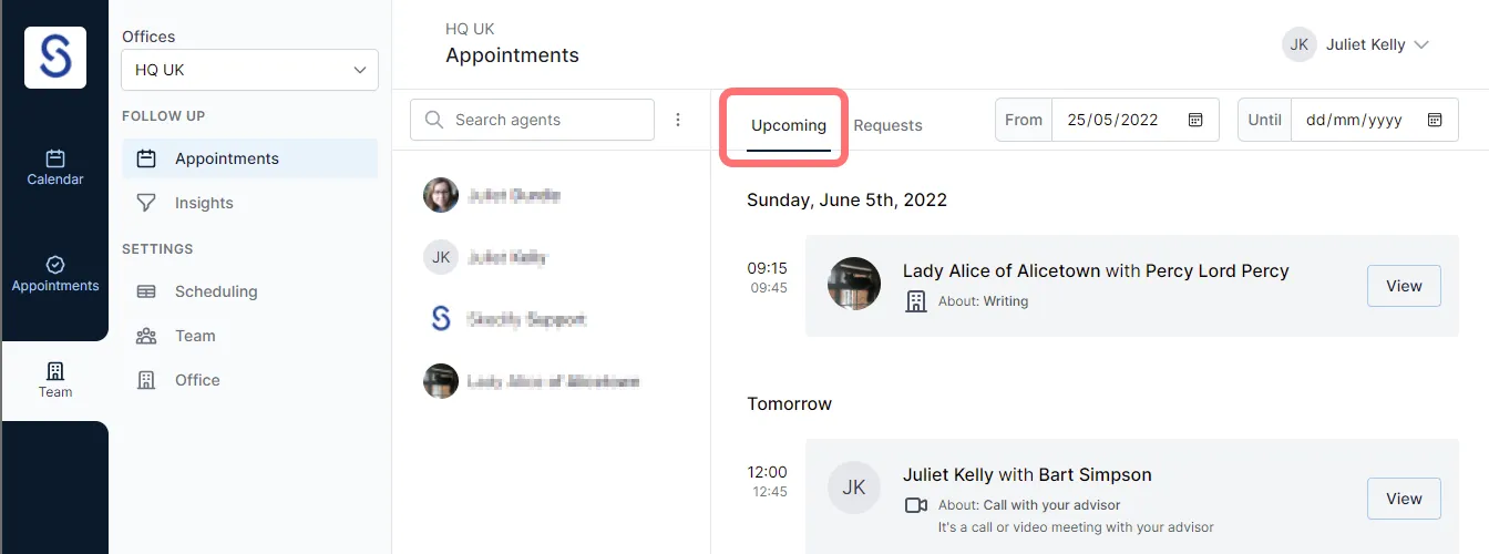 Upcoming appointments
